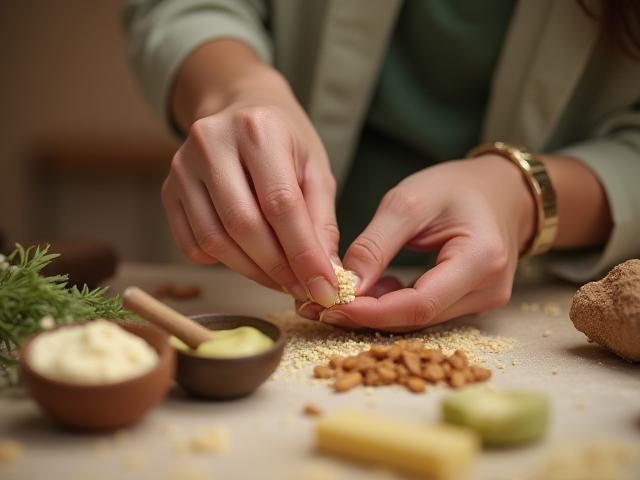 Hands crafting natural cosmetic products in a clean workshop.