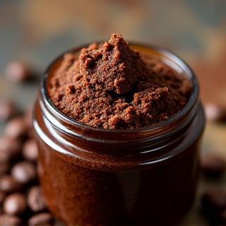 Coffee body scrub in a jar with coffee beans