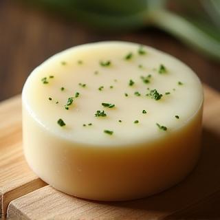 Handmade solid shampoo bar on a wooden dish